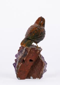 14K Gold Carved Jasper Bird on an Amethyst Rock Geode - 2592988
