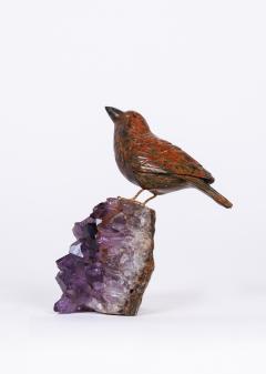14K Gold Carved Jasper Bird on an Amethyst Rock Geode - 2592989