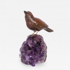 14K Gold Carved Jasper Bird on an Amethyst Rock Geode - 2596599