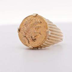 14K Gold Intaglio Zeus Coin Ribbed Band Signet Mens Ring - 3934066