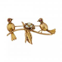 14K Gold Love Birds Ruby Eyes Natural Pearls Brooch - 4054772