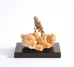 14K Gold Mounted Agate Bird on Selenium Stone Mounted on Black Glass - 2433282