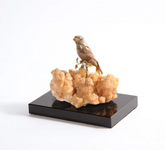 14K Gold Mounted Agate Bird on Selenium Stone Mounted on Black Glass - 2433283