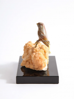14K Gold Mounted Agate Bird on Selenium Stone Mounted on Black Glass - 2433299