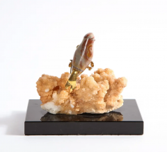 14K Gold Mounted Agate Bird on Selenium Stone Mounted on Black Glass - 2433301