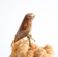 14K Gold Mounted Agate Bird on Selenium Stone Mounted on Black Glass - 2433302