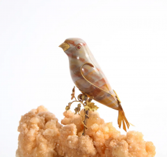 14K Gold Mounted Agate Bird on Selenium Stone Mounted on Black Glass - 2433303