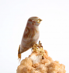 14K Gold Mounted Agate Bird on Selenium Stone Mounted on Black Glass - 2433304