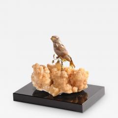 14K Gold Mounted Agate Bird on Selenium Stone Mounted on Black Glass - 2436213