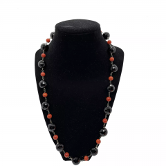 14K Gold Onyx and Coral Deco Style Beaded Necklace - 4053848