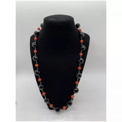 14K Gold Onyx and Coral Deco Style Beaded Necklace - 4053879