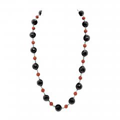 14K Gold Onyx and Coral Deco Style Beaded Necklace - 4059574