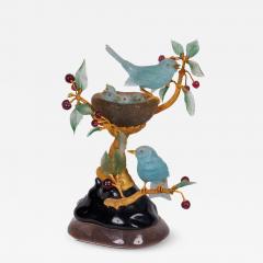 14K Gold Ruby and Aquamarine Study Birds and Nest in Cherry Tree by Zadora - 2596604