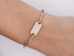 14K Rose Gold ID Tag Round Diamond Pave Cable Link Chain Bracelet - 3746915