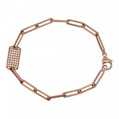 14K Rose Gold ID Tag Round Diamond Pave Cable Link Chain Bracelet - 3751195