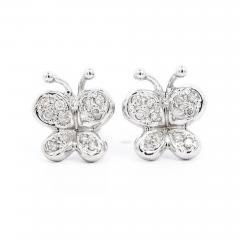 14K Solid White Gold Natural Diamond Cluster Butterfly Stud Earring - 3573818
