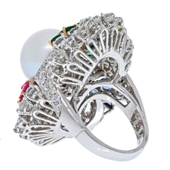 14K WHITE GOLD DIAMOND RUBY EMERALD AND SOUTH SEA PEARL RING - 2713426