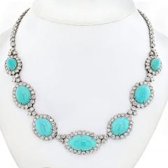 14K WHITE GOLD ESTATE TURQUOISE AND DIAMOND NECKLACE - 2789381