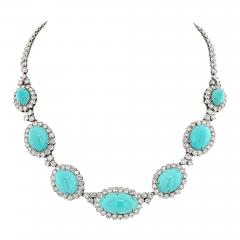 14K WHITE GOLD ESTATE TURQUOISE AND DIAMOND NECKLACE - 2790891