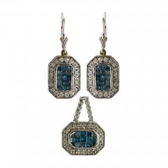 14K White Gold Blue White Diamond Earrings Pendant Set - 4727694