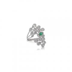 14K White Gold Bypass Diamond Emerald Snowstorm Ring - 3946708