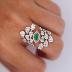 14K White Gold Bypass Diamond Emerald Snowstorm Ring - 3946711