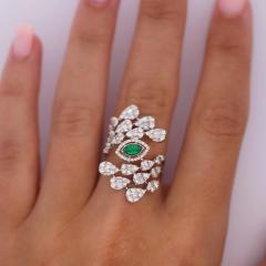 14K White Gold Bypass Diamond Emerald Snowstorm Ring - 3946713