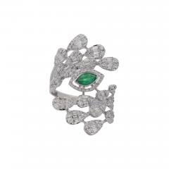 14K White Gold Bypass Diamond Emerald Snowstorm Ring - 3948206