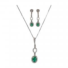 14K White Gold Emerald Diamond Earrings Pendant Set - 4727696