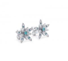 14K White Gold Flower Motif Blue and White Diamond Stud Earrings - 3512958