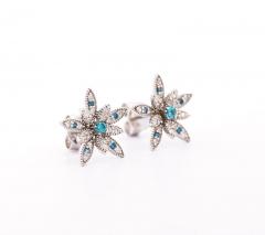 14K White Gold Flower Motif Blue and White Diamond Stud Earrings - 3512990