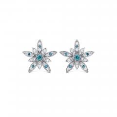 14K White Gold Flower Motif Blue and White Diamond Stud Earrings - 3600734