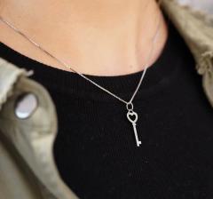 14K White Gold Natural Diamond Key To My Heart Pendant Necklace - 3504967