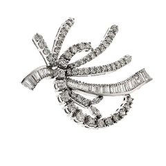 14K White Gold Round And Baguette Diamond Brooch - 3888303