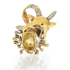 14K YELLOW GOLD DIAMOND SAPPHIRE RUBY EMEALD GOAT BROOCH - 3019853
