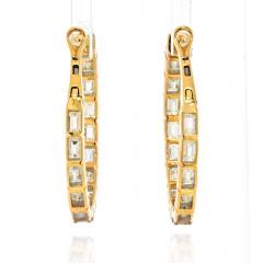 14K YELLOW GOLD EMERALD CUT DIAMOND HOOP 1 1 INCH EARRINGS - 2293982