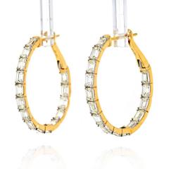 14K YELLOW GOLD EMERALD CUT DIAMOND HOOP 1 1 INCH EARRINGS - 2293983