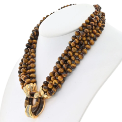 14K YELLOW GOLD TIGER EYE MULTI STRAND BEAD DIAMOND NECKLACE - 3101285