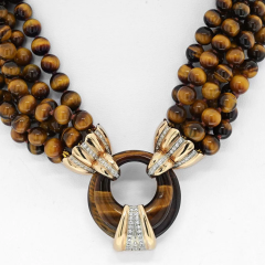 14K YELLOW GOLD TIGER EYE MULTI STRAND BEAD DIAMOND NECKLACE - 3101306