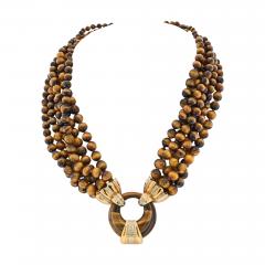 14K YELLOW GOLD TIGER EYE MULTI STRAND BEAD DIAMOND NECKLACE - 3103201