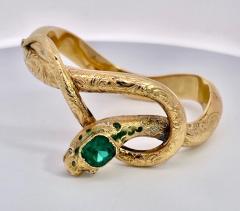 14K Yellow Gold Emerald Head Chased Snake Bracelet - 3515601