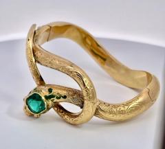 14K Yellow Gold Emerald Head Chased Snake Bracelet - 3515604