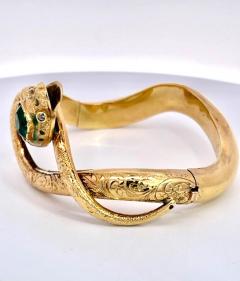 14K Yellow Gold Emerald Head Chased Snake Bracelet - 3515605