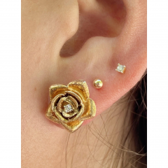 14k Solid Gold Flower and Diamond Stud Earrings - 3628145