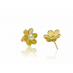 14k Solid Gold Flower and Pearl Stud Earrings - 3628068