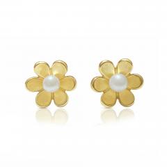 14k Solid Gold Flower and Pearl Stud Earrings - 3633620