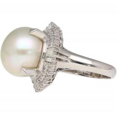 14mm Pearl with Baguette and Round Diamonds in Platinum Cocktail Ring - 3843202