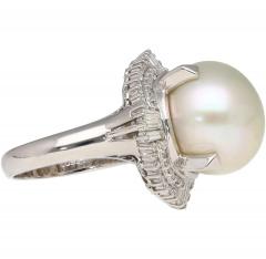 14mm Pearl with Baguette and Round Diamonds in Platinum Cocktail Ring - 3843203