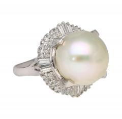 14mm Pearl with Baguette and Round Diamonds in Platinum Cocktail Ring - 3843205