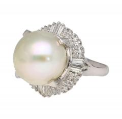 14mm Pearl with Baguette and Round Diamonds in Platinum Cocktail Ring - 3843206